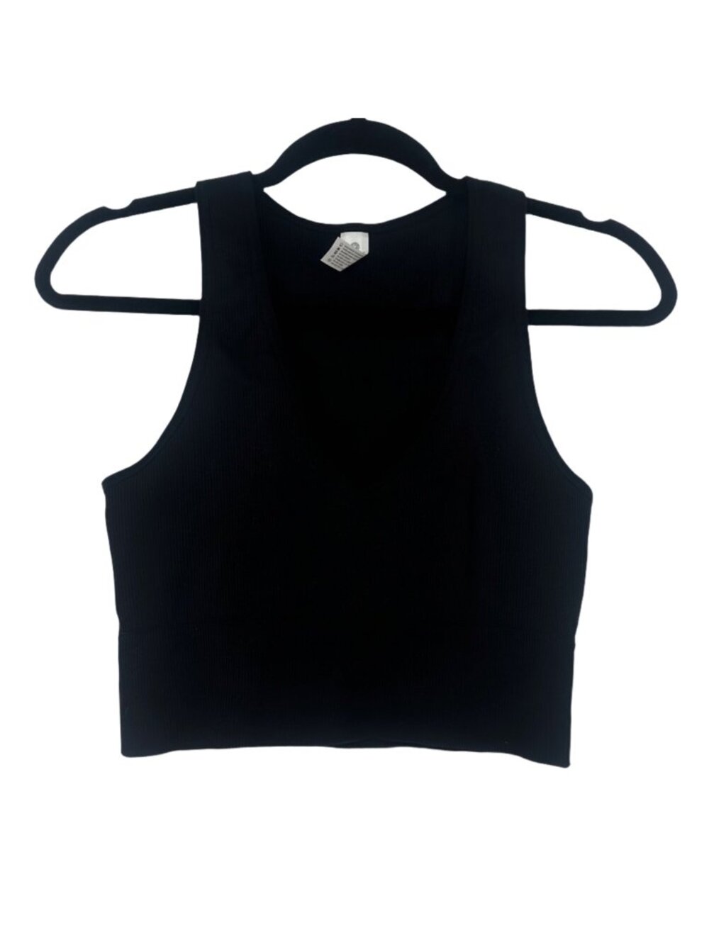 90 Degrees Black Crop Tank Large Ribbed V Neck Seamless Gym Activewear